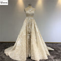 Surmount Champagne Lace Beading Wedding Gown  Detachable Train Luxury Bling Bling A-line Vintage Royal Train Wedding Dress